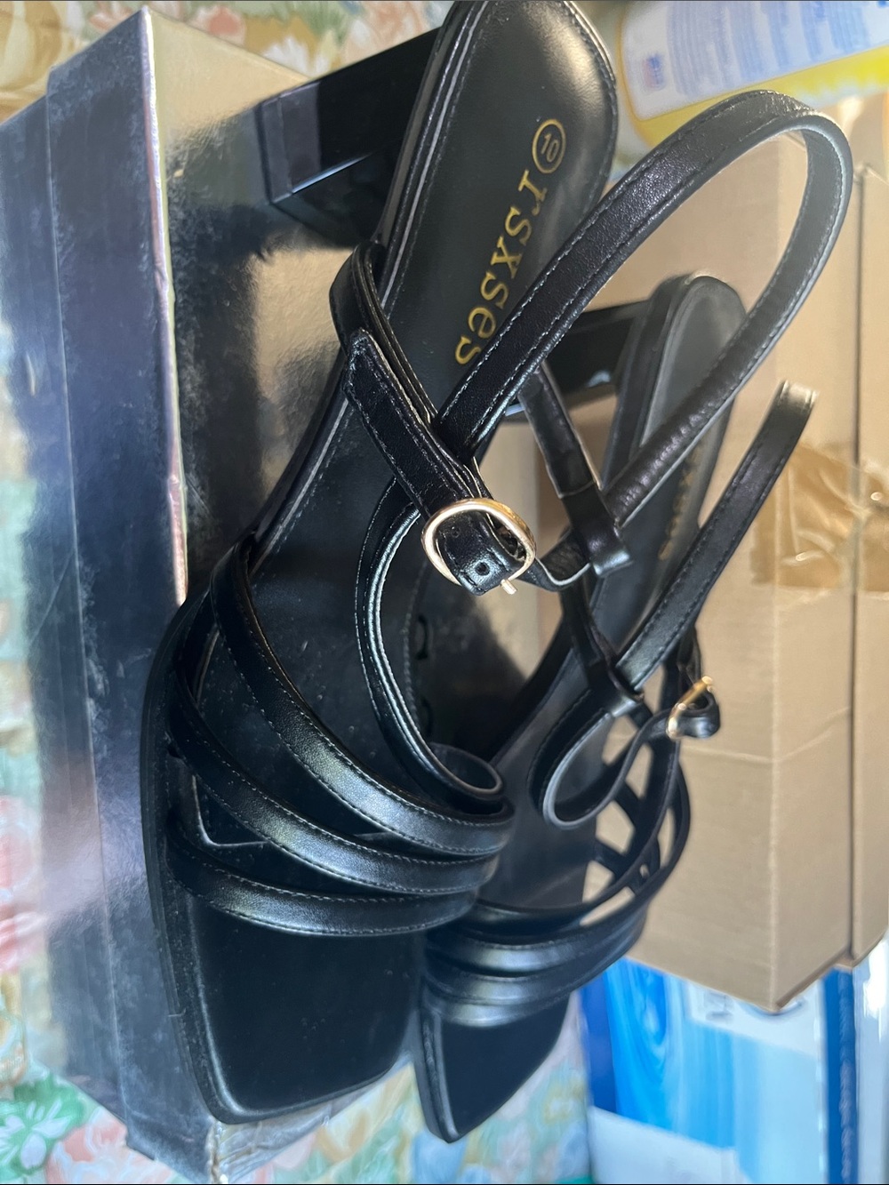 Sleek Black Strappy Slingback Heels with Gold Buckle